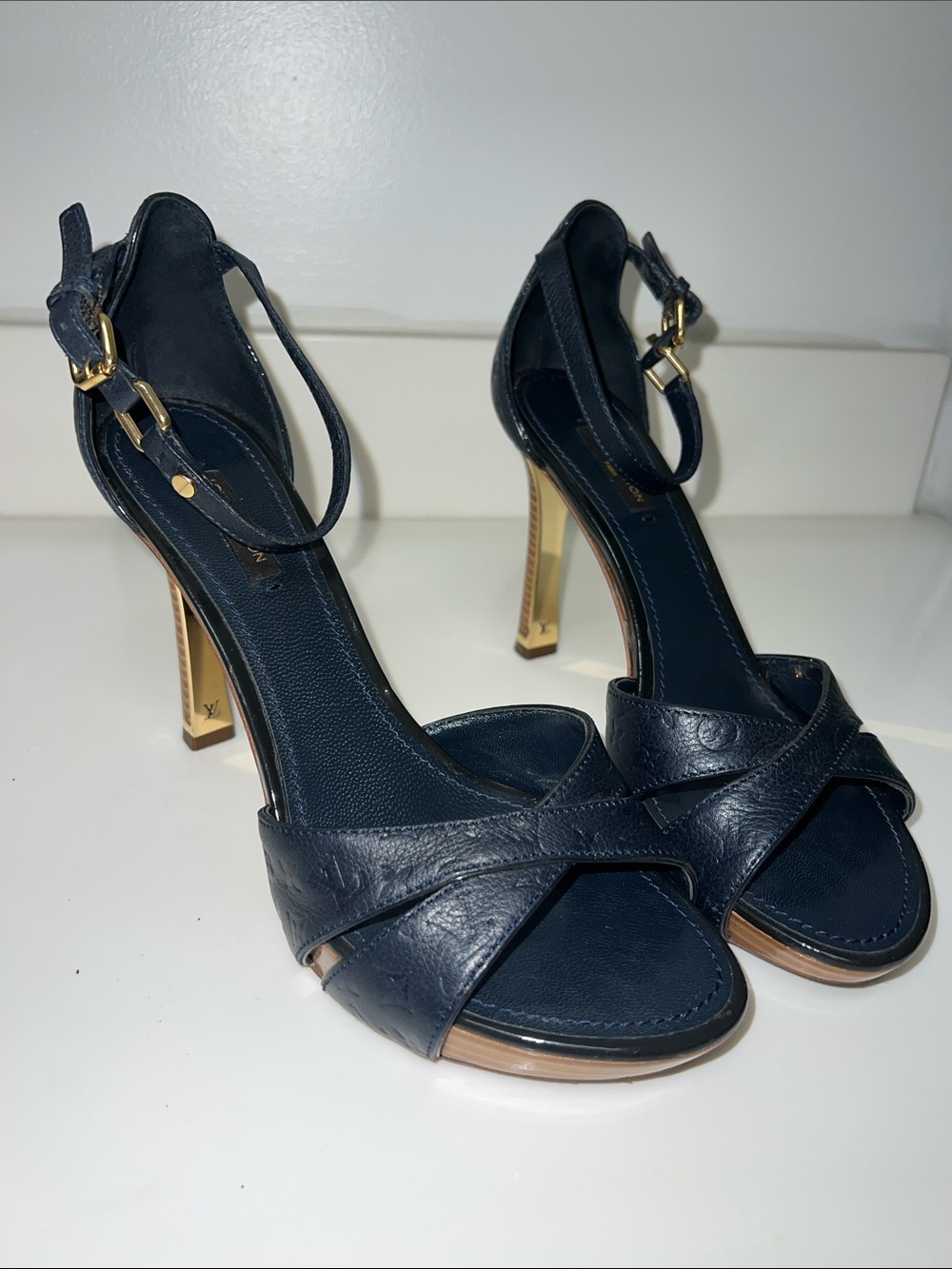Women's Navy Leather Ankle-Strap High Heel Sandals